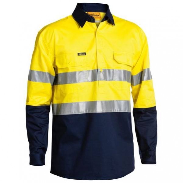 Bisley BSC6896_TT01 - 100% Cotton Yellow/Navy Taped HI VIS Closed Front Cool Lightweight Shirt Others